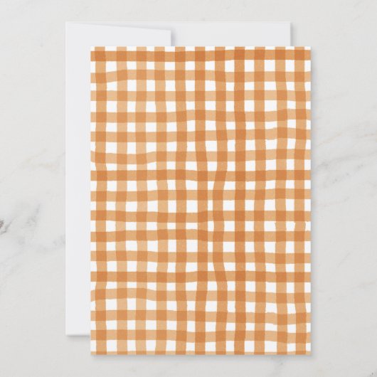 Hij of zij boog pompoentaart gender reveal gingham kaart (Achterkant)