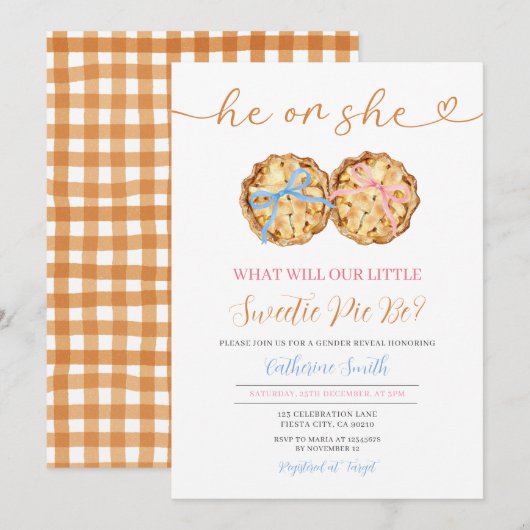 Hij of zij boog pompoentaart gender reveal gingham kaart (Voorkant / Achterkant)