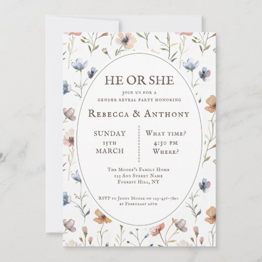 Hij of zij botanische waterverf, lente wilde bloem kaart (Voorkant)