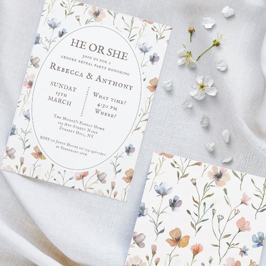 Hij of zij botanische waterverf, lente wilde bloem kaart