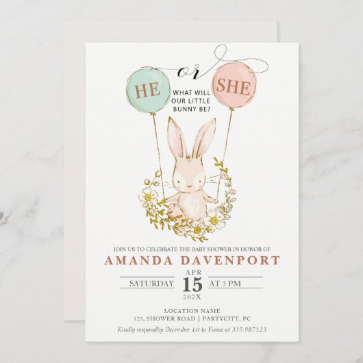 Hij of zij Bunny Balloons sekse onthult uitnodigin Kaart (Voorkant / Achterkant)