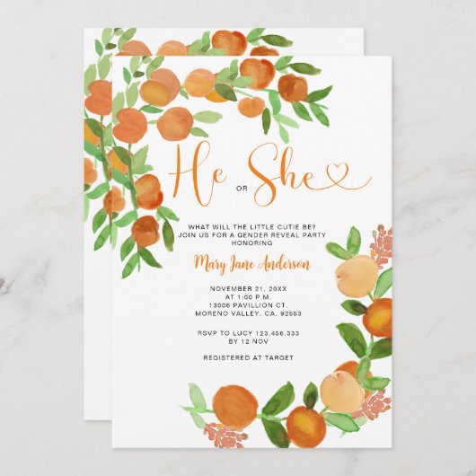 Hij of zij Citrus Oranje groen Geslacht onthullen Kaart (Voorkant / Achterkant)