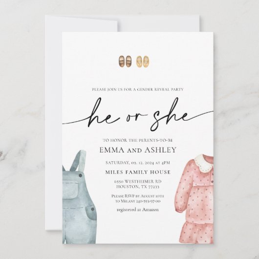Hij of zij Clothes Gender Reopenbaart uitnodiging (Voorkant)