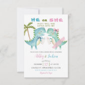 Hij of zij dino met Pink Blue Bow Gender Reveal Kaart (Voorkant)