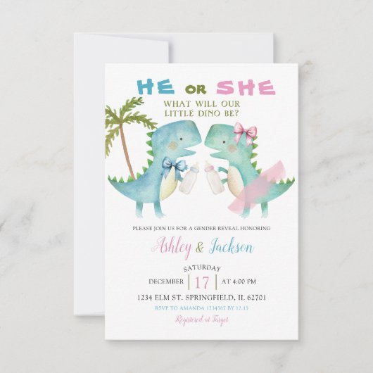 Hij of zij dino met Pink Blue Bow Gender Reveal Kaart (Voorkant)