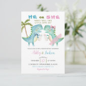Hij of zij dino met Pink Blue Bow Gender Reveal Kaart (Staand voorkant)