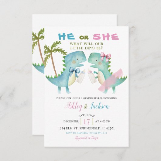 Hij of zij dino met Pink Blue Bow Gender Reveal Kaart (Voorkant / Achterkant)