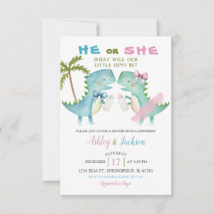 Hij of zij dino met Pink Blue Bow Gender Reveal Kaart