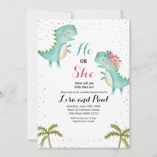 Hij of zij Dinosaur Geslacht Onthulling Uitnodigin Kaart (Voorkant)