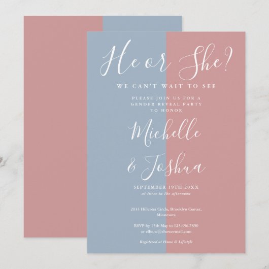 Hij of Zij Elegant Modern Geslacht Reveal Feest Kaart (Voorkant / Achterkant)
