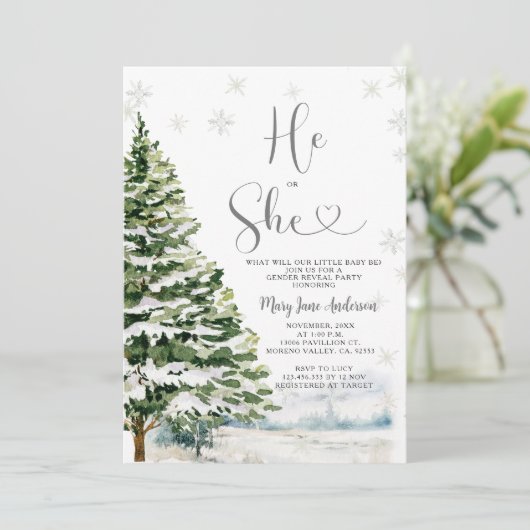 Hij of zij Evergreen Winter Gender Reveal Kaart (Staand voorkant)