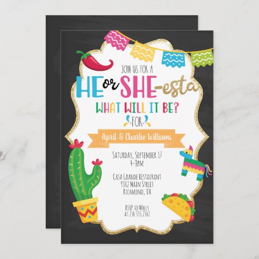 Hij of zij Fiesta Theme Gender onthullen Kaart (Voorkant / Achterkant)