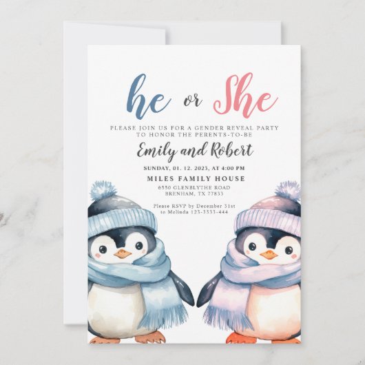 Hij of zij, Gender Reveal, Baby shower Pinguïn Kaart (Voorkant)