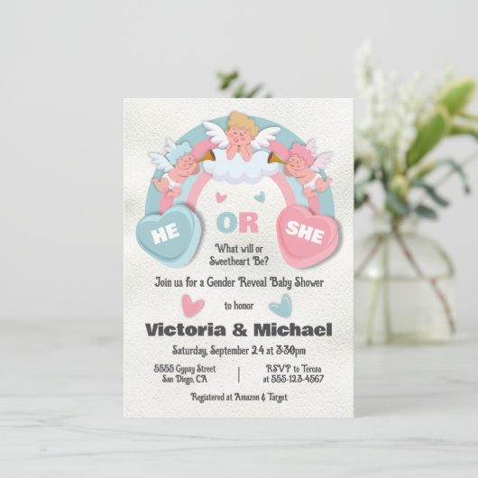 Hij of zij Geslacht onthullen Valentijnsdag Baby s Kaart (Staand voorkant)