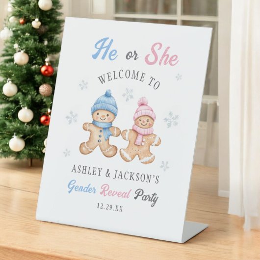 Hij of zij Gingerbread Gender Reveal Welkom Reclamebord Met Voetstuk