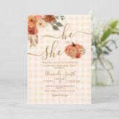 Hij of zij Gingham Herfst Pumpkin Gender Reveal Kaart (Staand voorkant)