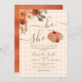 Hij of zij Gingham Herfst Pumpkin Gender Reveal Kaart (Voorkant / Achterkant)