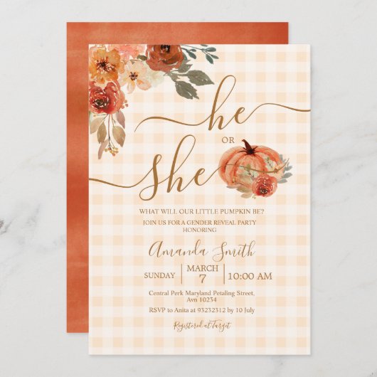 Hij of zij Gingham Herfst Pumpkin Gender Reveal Kaart (Voorkant / Achterkant)