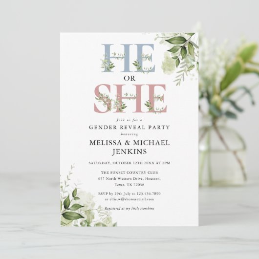Hij of Zij Groene Letter Geslacht Reveal Feest Kaart (Staand voorkant)