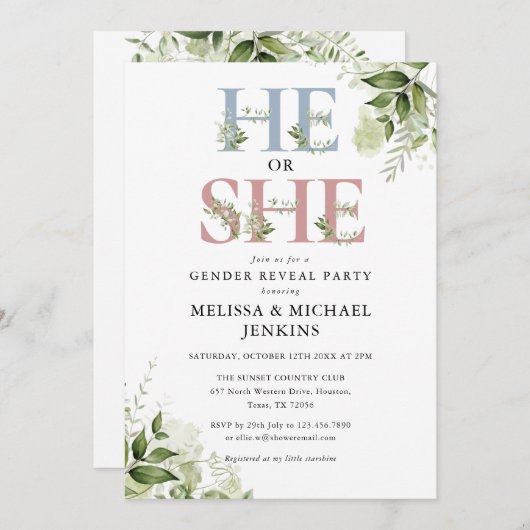 Hij of zij heeft een Greenery Letter Gender Reveal Kaart (Voorkant / Achterkant)