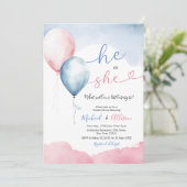 Hij of zij heeft een roze en blauwe ballon kaart (Staand voorkant)