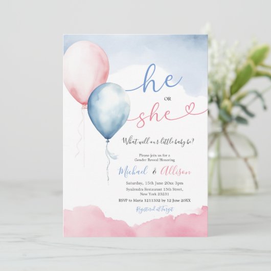 Hij of zij heeft een roze en blauwe ballon kaart (Staand voorkant)