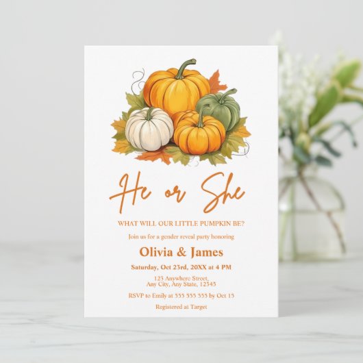 Hij of zij Herfst Pumpkin Gender Reveal Party Kaart (Staand voorkant)