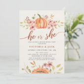 Hij of zij Herfst Pumpkin Rustic Boho Genderonthul Kaart (Staand voorkant)