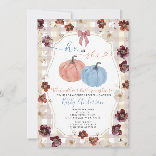 Hij of zij Herfst Pumpkin Wildflower Gender Reveal Kaart (Voorkant)