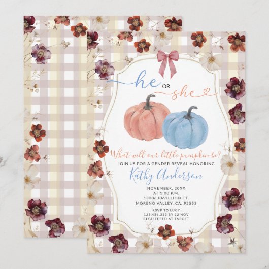 Hij of zij Herfst Pumpkin Wildflower Gender Reveal Kaart (Voorkant / Achterkant)