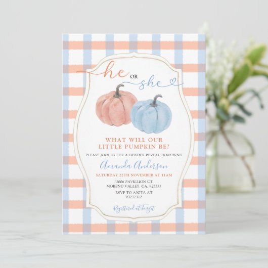 Hij of zij herfstpompoenen Gingham geslachtsopenba Kaart (Staand voorkant)
