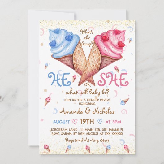 Hij of zij Ice Cream Roze Blauw Goud Geslacht onth Kaart (Voorkant)