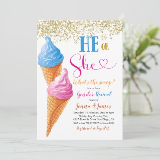 Hij of Zij Ijsje Geslacht Reveal Uitnodiging (Staand voorkant)