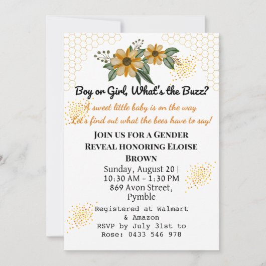 Hij of zij is de gele bloem gender reveal party kaart (Voorkant)