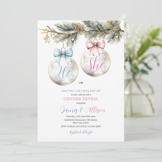 Hij of Zij Kerstbal Blauw Roze Kerstmis Geslacht R Kaart (Staand voorkant)