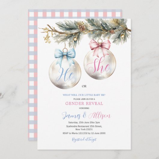 Hij of Zij Kerstbal Blauw Roze Kerstmis Geslacht R Kaart (Voorkant / Achterkant)