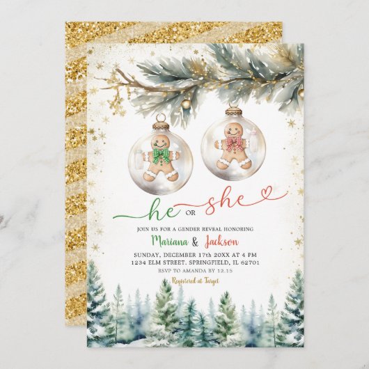 Hij of zij kerstballen genderonthulling vakantie kaart (Voorkant / Achterkant)