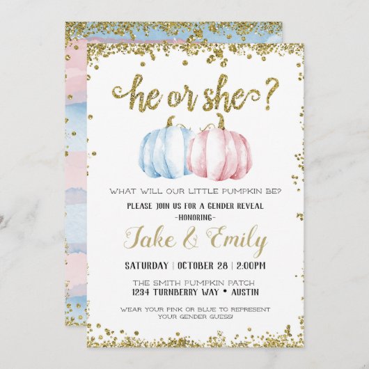 Hij of zij kleine pompoen geslacht onthullen blauw kaart (Voorkant / Achterkant)