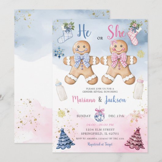 Hij of zij koekt Gingerbread Gender Reveal Kaart (Voorkant / Achterkant)