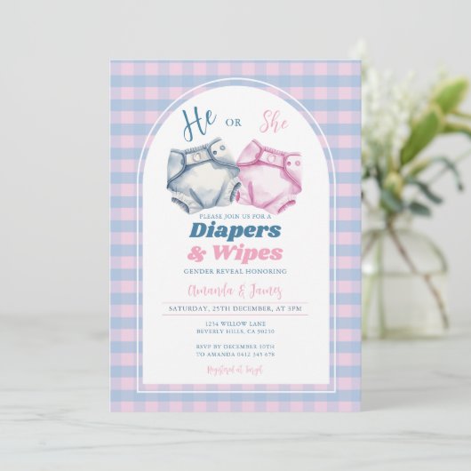 Hij of zij luiers en doekjes Gender Reveal Gingham Kaart (Staand voorkant)