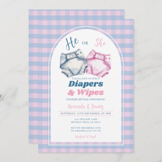 Hij of zij luiers en doekjes Gender Reveal Gingham Kaart (Voorkant / Achterkant)