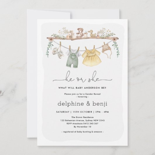 Hij of zij Modern Boho Gender Reveal Douche Kaart (Voorkant)