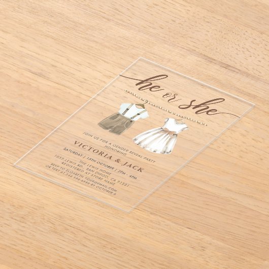 Hij of zij neutrale babykleding onthult geslacht acryl uitnodigingen (Laagn)