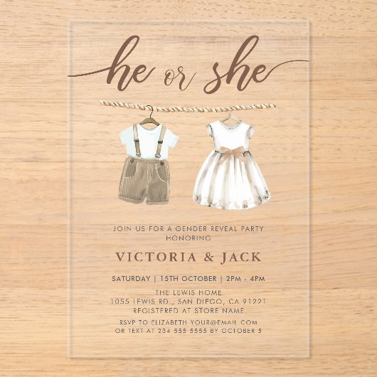 Hij of zij neutrale babykleding onthult geslacht acryl uitnodigingen (Voorkant)