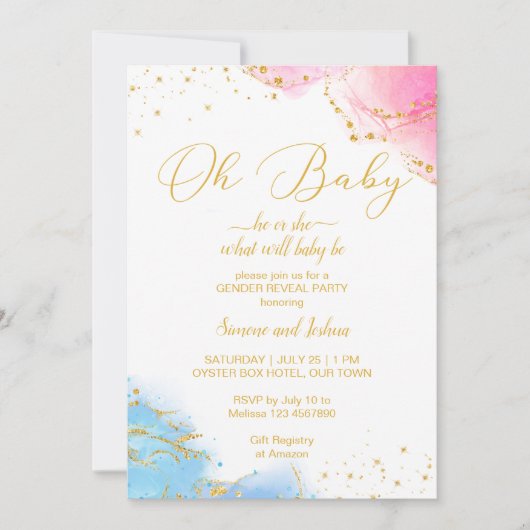 Hij of zij oh roze en blauwe glitter nodigt hem of kaart (Voorkant)