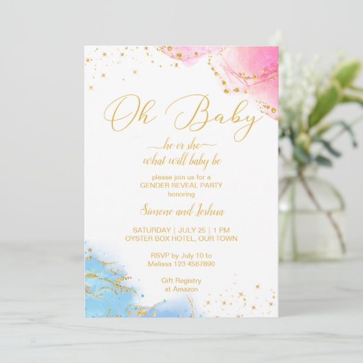 Hij of zij oh roze en blauwe glitter nodigt hem of kaart (Staand voorkant)