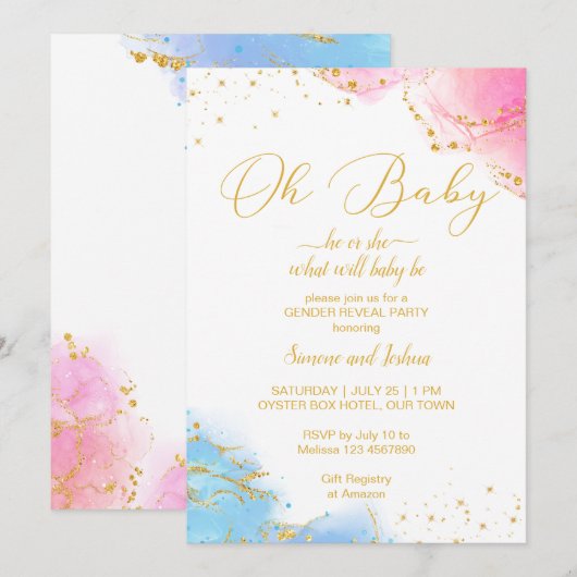 Hij of zij oh roze en blauwe glitter nodigt hem of kaart (Voorkant / Achterkant)