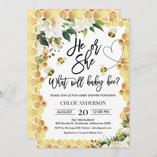 Hij of zij onthult de uitnodiging tot het Baby sho (Voorkant / Achterkant)