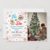 Hij of zij onthult het Baby shower van het kerstge Kaart (Voorkant)