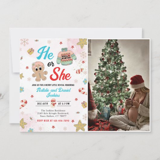 Hij of zij onthult het Baby shower van het kerstge Kaart (Voorkant)